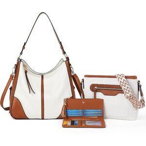 Women’s Light Brown 3PCS PU Leather Purses Set Crossbody Wallet & Hobo Tote Bag
